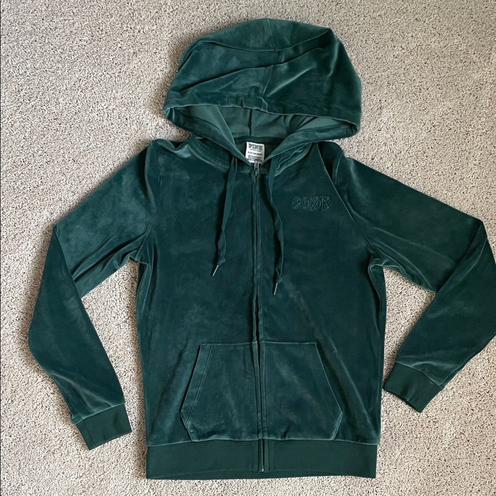 VS PINK Green Velour Zip Up Hoodie